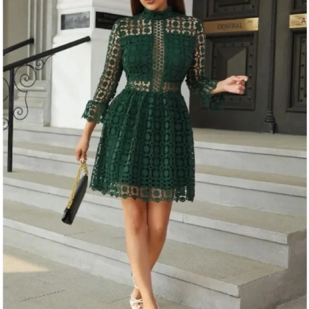 Classic Lace Frill Neck Long Sleeve Party Dress - Picture 13 of 13